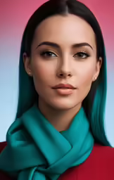 a woman with blue hair and green dyed hair, wearing a red sweater