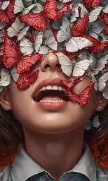 a girl with a bunch of butterflies covering her face