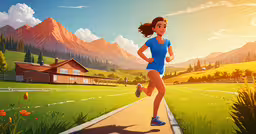 a woman jogging along a pathway in a beautiful scene,a painting shows a woman running down a path through a field