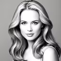 a woman with long blonde hair is posing for a black and white photo