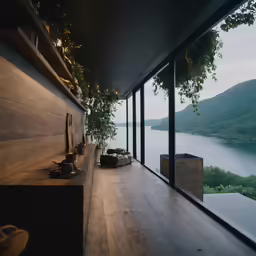a kitchen with glass walls that overlook a river