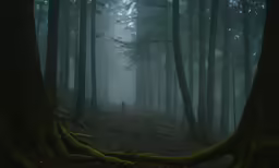 a woman stands at the end of a forest path