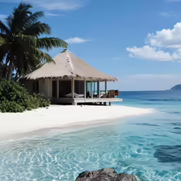 a hut on the beach near the water