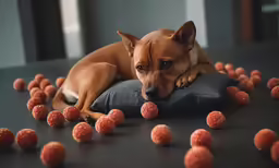 the dog is lying on the pillow while looking up