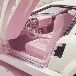 an interior shot of a classic car showing the original pink interior