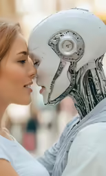 a girl kissing the face of a robot, with another person