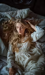 a woman laying on a bed under an duvet