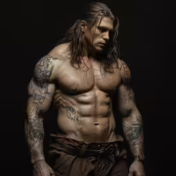 a man with long hair and no shirt posing