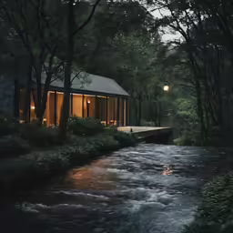 the river is flowing through a lush green forest