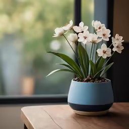 the flowers are blooming in the blue vase