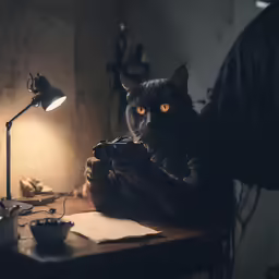 a black cat sitting in front of a camera next to a lamp