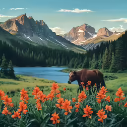 a horse in front of the mountains standing by a lake and some flowers