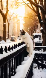 cat on a fence in snow surrounded by cars