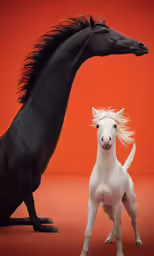 a black and white horse standing next to one another