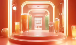 an illuminated area with drinks in front of it