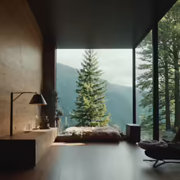 a bedroom with a glass wall and view out of the window