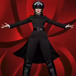 a woman in a uniform with her arms outstretched