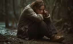 the young person is sitting in the woods alone