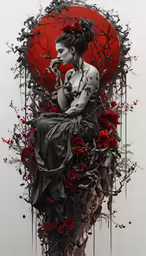 a woman sitting down in a red chair