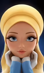 a doll with blue eyes in a yellow hat and a white shirt