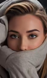 a woman wearing a grey sweater and a gray scarf