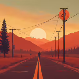 there is a lone figure standing in the middle of the road,silhouetted person on a street under wires and telephone poles