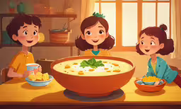two girls are sitting at a table with food,three children sitting around a large bowl of soup