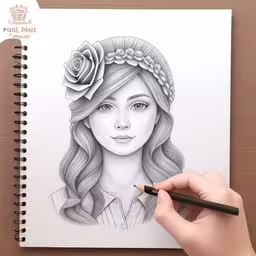 a woman holding a pen in her hand with a drawing on it,a person drawing on a notebook with a pen
