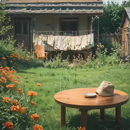 there is a hat and some clothes on a wooden table