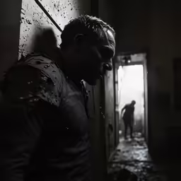 a man in the hallway looking down at the floor