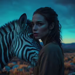 a young girl standing next to a zebra on top of a field