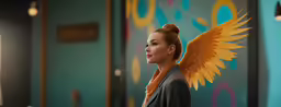 the woman has big yellow angel wings on her head