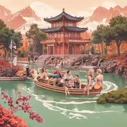 group of people riding in boat on body of water near mountains