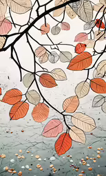 leaves are hanging down from a tree branch with water in the background