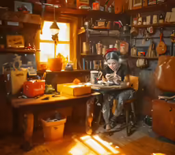 a woman in black sitting at a desk with writing