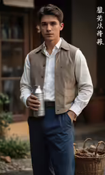 a young man is holding a drink near baskets