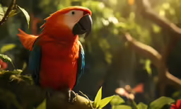 a colorful bird standing on a branch next to trees