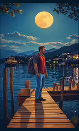 a man standing on a dock by the water at night