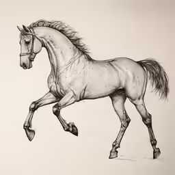 a horse running across a field in front of a white wall