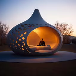a large sculpture on a circular platform in front of a sun setting