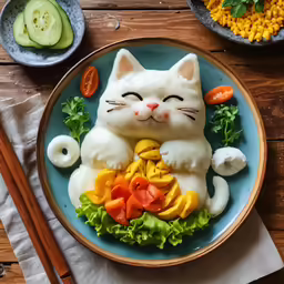 a plate with a cat that has salad in it