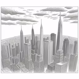 the sketch of new york cityscape with clouds above it,pencil drawing of skyscrapers in a cloudy city