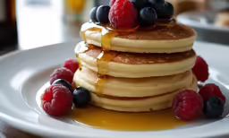 pancakes and raspberries on a plate with syrup