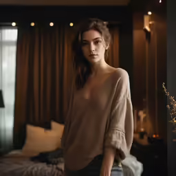 a beautiful woman with no shirt on posing in a dimly lit room