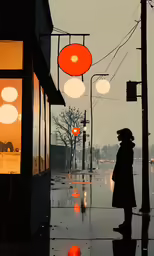 the girl is walking down the street in the rain