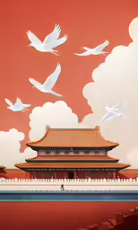 chinese painting with birds flying over a large building