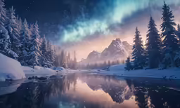 a beautiful winter scene with a sky full of aurora borers