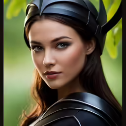 a woman is dressed in black and has horns on her head