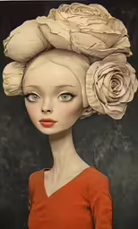 a doll with large flowers on her head