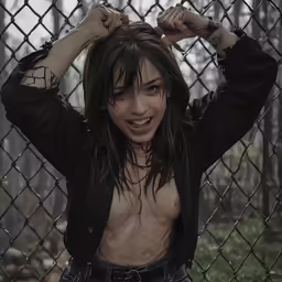 the woman with many ink smeared on her body has a chains around her head